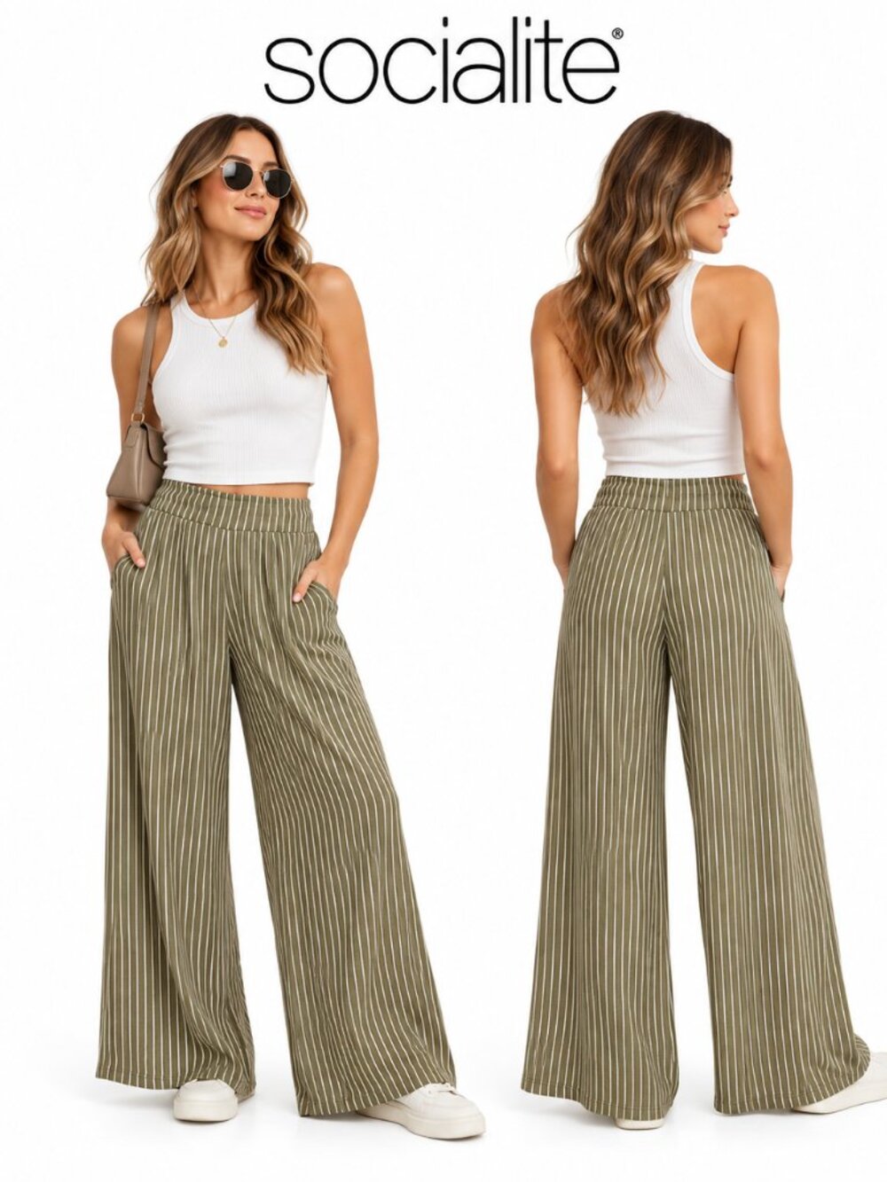 Socialite Olive Green Striped Wide Leg Pants High Rise Knit Small